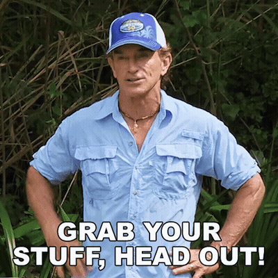 Man In Blue Shirt And Hat Says Grab Your Stuff Head Out GIF