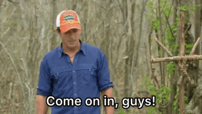 Man In Blue Shirt And Orange Hat Saying Come On In Guys GIF