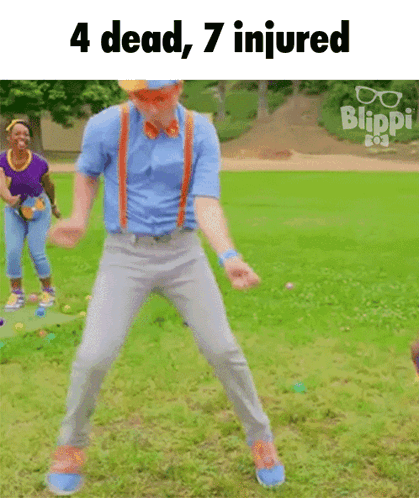 Man In Blue Shirt And Suspenders Dancing 4 Dead 7 Injured GIF