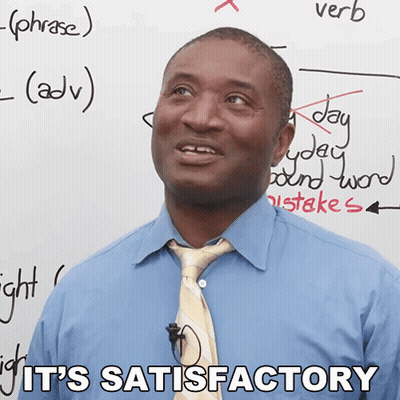 Man In Blue Shirt And Tie With Board Saying It's Satisfactory GIF