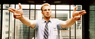 Man In Blue Shirt And Tie With Chris Evans Name Tag GIF