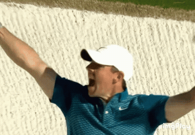 Man In Blue Shirt And White Hat Raising Arms GIF