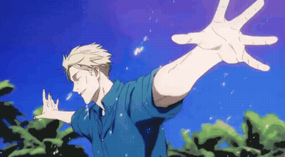 Man In Blue Shirt Arms Outstretched In Front Of Trees GIF
