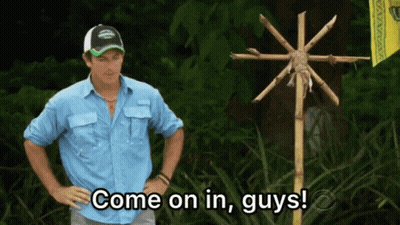 Man In Blue Shirt At Cross Saying Come On In Guys GIF