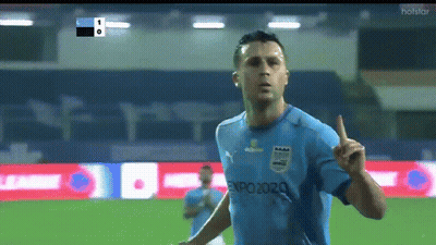 Man In Blue Shirt Expo2020 Pointing Up GIF