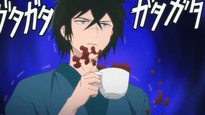 Man In Blue Shirt Holding Coffee With Neck Stain GIF