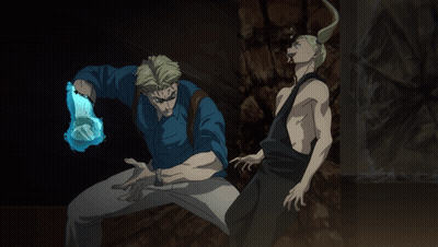 Man In Blue Shirt Holding Glass With Flame GIF