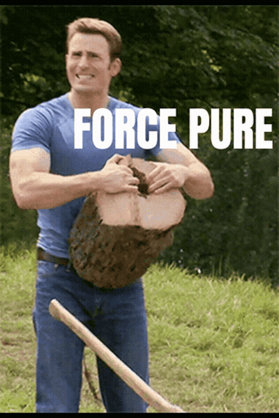 Man in Blue Shirt Holding Log Saying Force Pure
