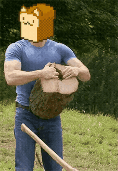 Man In Blue Shirt Holding Log With Pixelated Bread Face On Head GIF