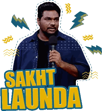 Man In Blue Shirt Holding Microphone Sakht Launda Sticker