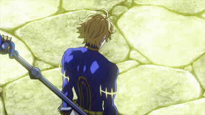 Man In Blue Shirt Holding Sword GIF