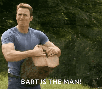 Man In Blue Shirt Holding Wood Says Bart Is The Man GIF