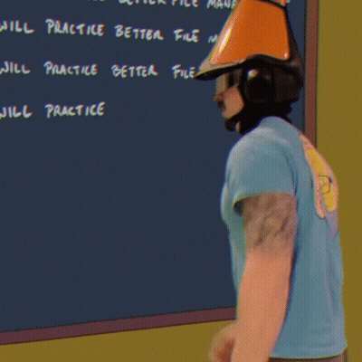 Man In Blue Shirt In Front Of Blackboard Saying Dill Practice Better File GIF
