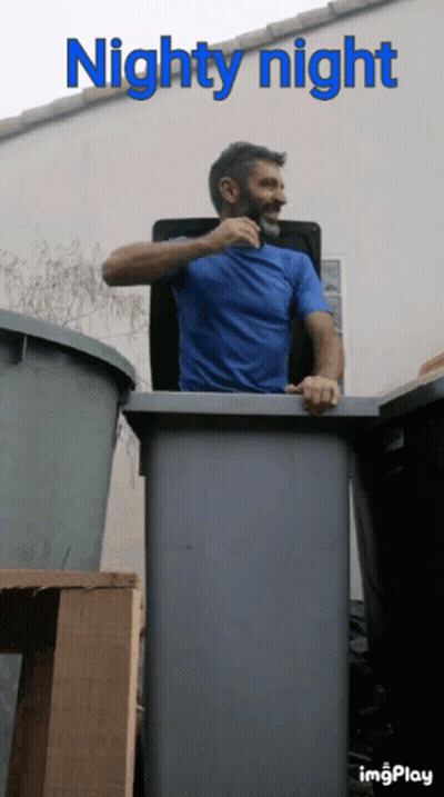 Man In Blue Shirt In Trash Can Saying Nighty Night GIF