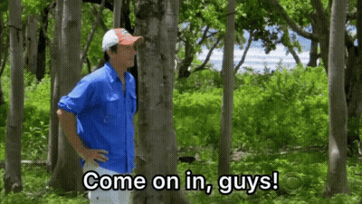 Man In Blue Shirt In Woods Saying Come On In Guys GIF