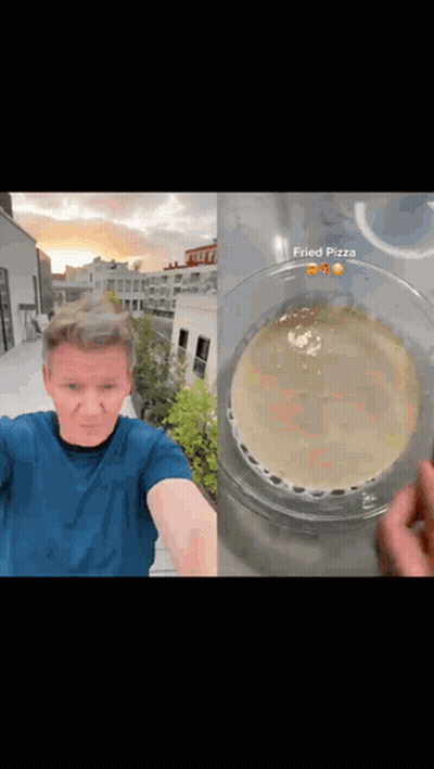 Man In Blue Shirt Next To Bowl Of Fried Pizza GIF