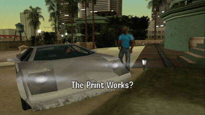 Man In Blue Shirt Next To Car Saying The Print Works GIF