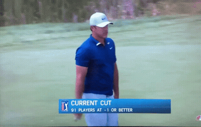 Man In Blue Shirt On Golf Course With Current Cut Banner GIF