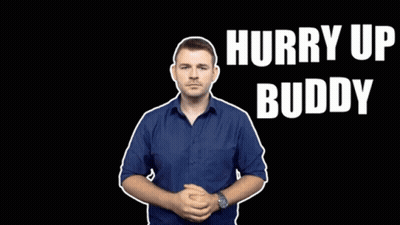 Man In Blue Shirt Pointing At Watch Saying Hurry Up Buddy GIF