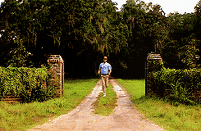 Man In Blue Shirt Running Down Dirt Path GIF