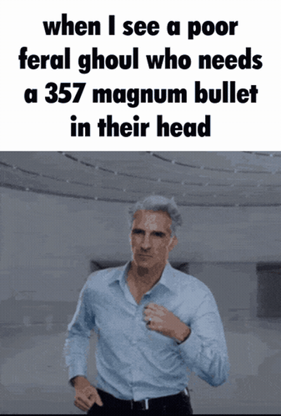 Man In Blue Shirt Running Saying When I See A Poor Feral Ghoul Who GIF