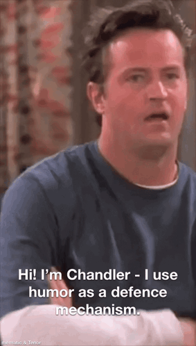 Man In Blue Shirt Saying Hi I'm Chandler I Use Humor As A Defence Mechanism GIF