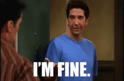 Man In Blue Shirt Saying I'm Fine Next To Man In Brown Shirt GIF