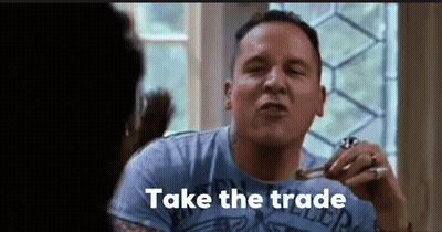 Man In Blue Shirt Saying Take The Trade While Eating GIF