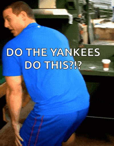 Man In Blue Shirt Squatting Do The Yankees Do This GIF