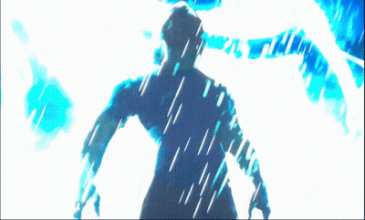 Man In Blue Shirt Standing In Rain With Lightning Bolt GIF