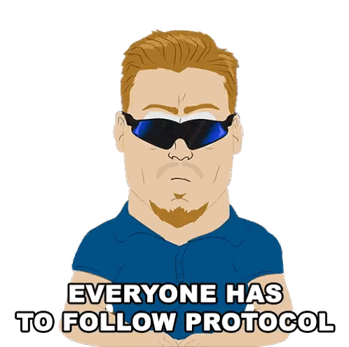 Man In Blue Shirt Sunglasses Says Follow Protocol Sticker