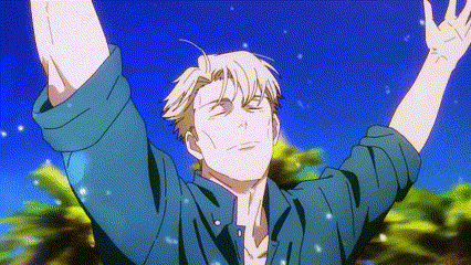 Man In Blue Shirt With Arms Outstretched In Front Of Palm Tree GIF