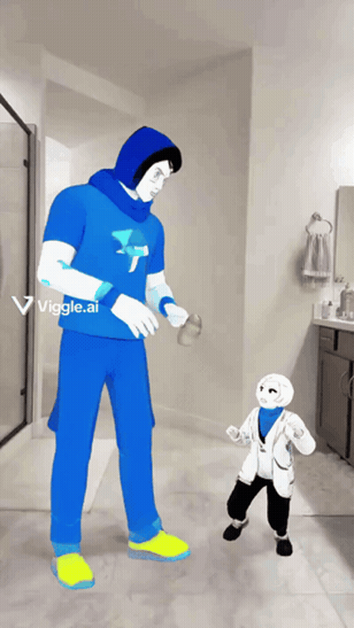 Man In Blue Shirt With Letter T Next To Smaller Figure GIF