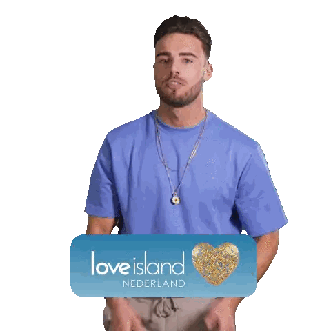 Man In Blue Shirt With Love Island Nederland Logo Sticker