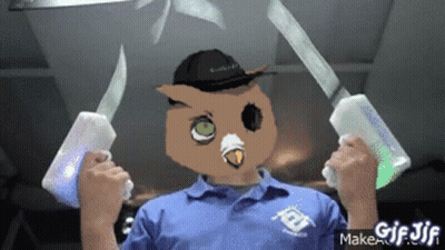 Man in Blue Shirt With Owl Mask Holding Two Glowing Swords