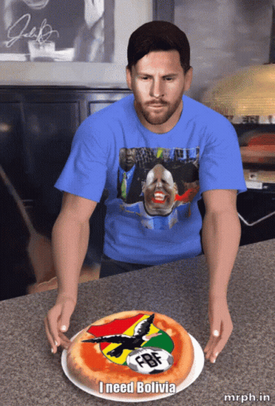 Man In Blue Shirt With Pizza Saying I Need Bolivia GIF