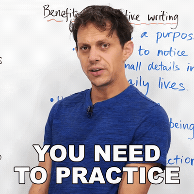 Man In Blue Shirt With White Board Saying Benefits Creative Writing GIF