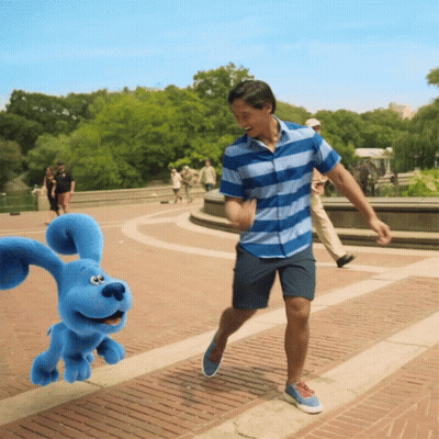 Man In Blue Striped Shirt Running With Blue Stuffed Animal GIF