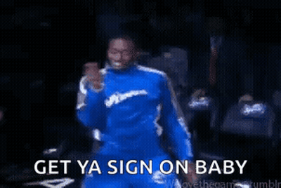 Man In Blue Suit Dancing Get Ya Sign On Baby GIF