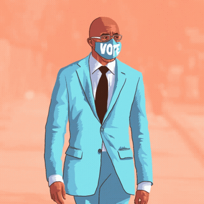 Man In Blue Suit Face Mask Saying Vote GIF
