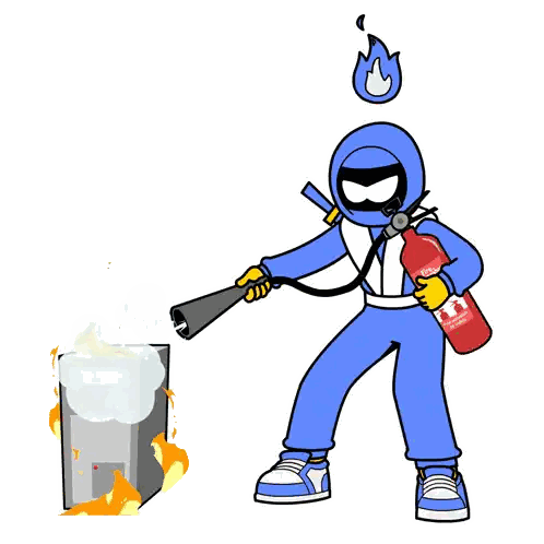 Man In Blue Suit Holding Fire Extinguisher Sticker