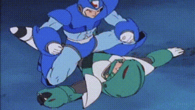 Man In Blue Suit Kicking Green Robot GIF
