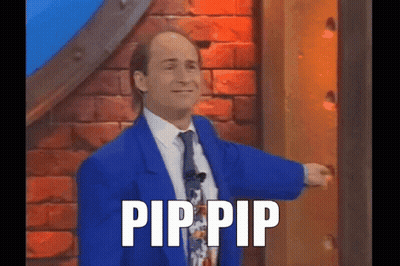 Man In Blue Suit Pointing At Door Saying Pip Pip GIF