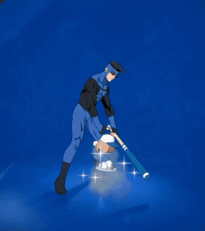 Man In Blue Superhero Costume Swinging A Bat GIF