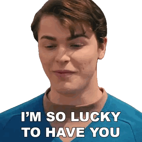 Man In Blue Sweater Saying Im So Lucky Sticker