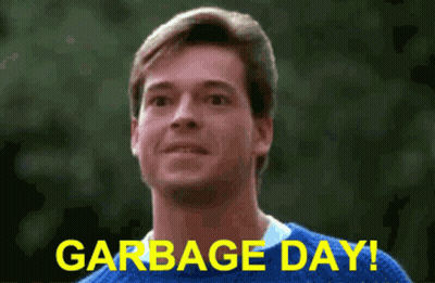 Man In Blue Sweater Says Garbage Day GIF
