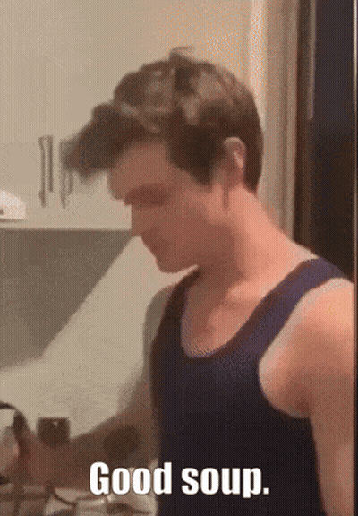 Man In Blue Tank Top Saying Good Soup GIF
