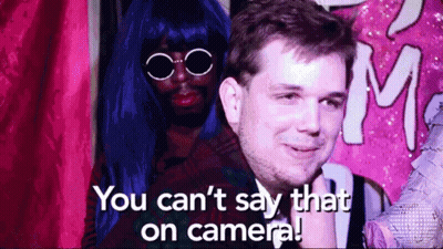 Man In Blue Wig And Glasses Says You Can't Say That On Camera GIF