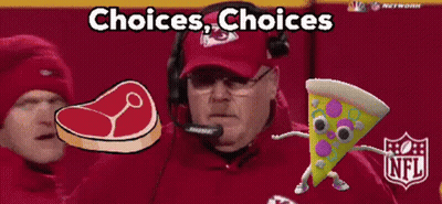 Man In Bose Headset Looking At Steak And Pizza Cartoon GIF
