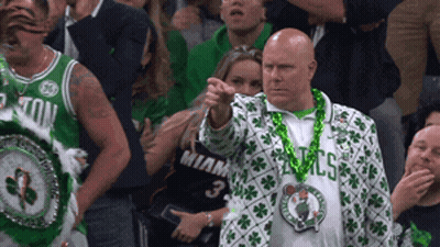 Man In Boston Celtics Jacket Pointing GIF